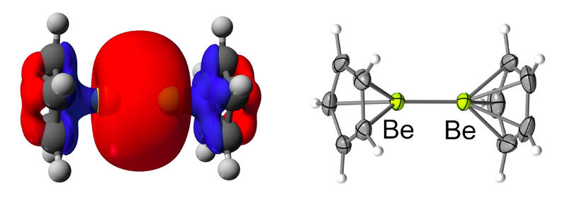 Diberyllocene Models of the diberyllocene molecule, showing a Be–Be bond.