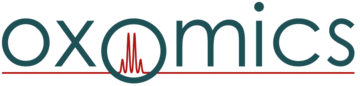 oxomics logo, blue text with a red NMR trace