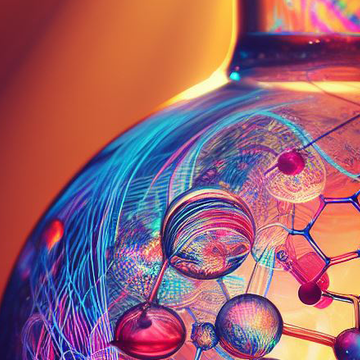 AI generated image showing glassware and molecule-like structures with rays representing light